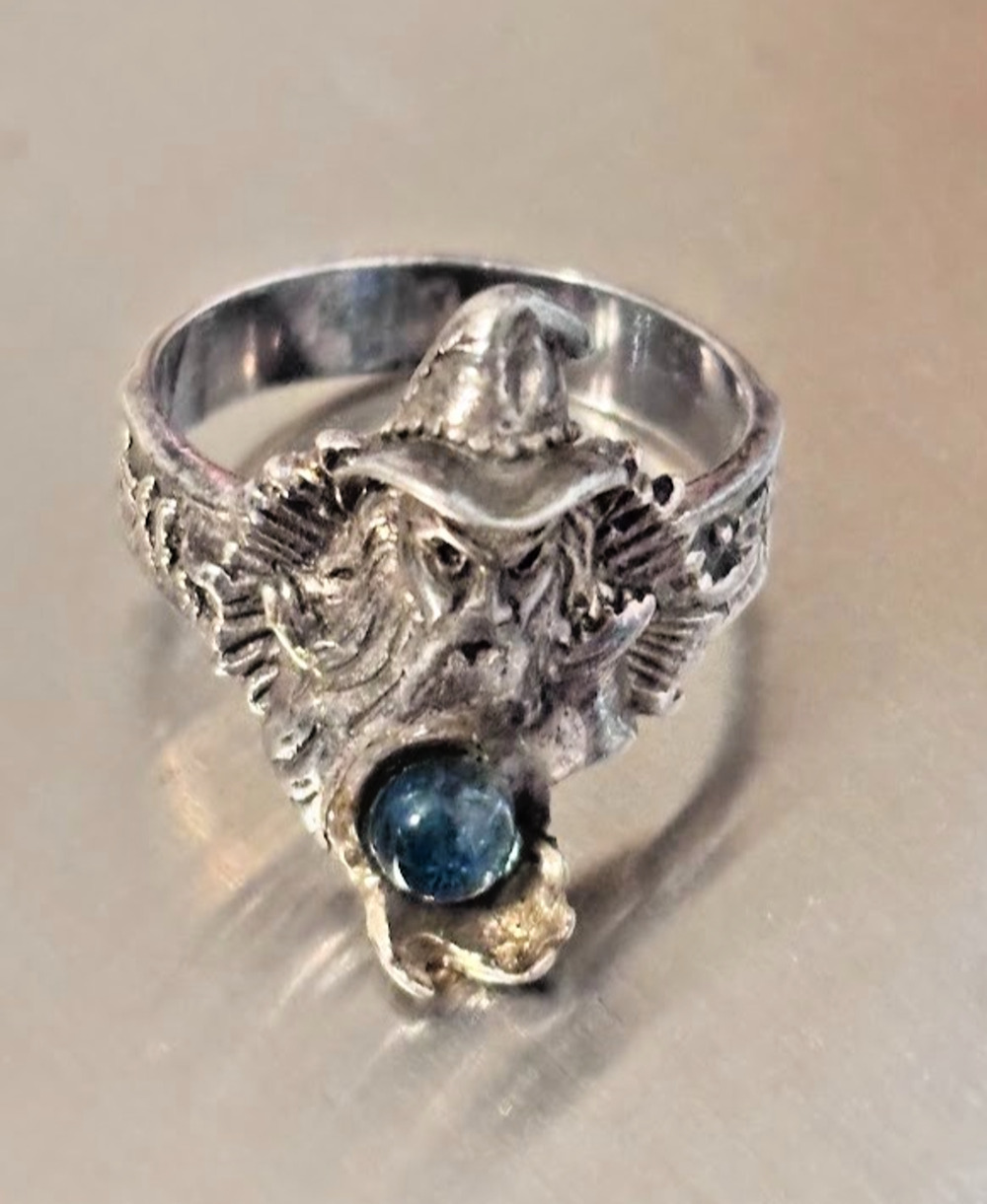 Vintage Sterling Silver Runic Wizard Ring Custom Blue Topaz Fantasy Goth Sz 6.5